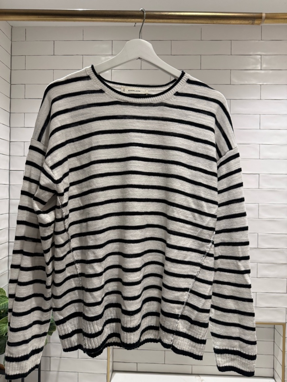 Everlane “The Slouch Sweater” Black and White Striped Knit Sweater, Cotton Linen